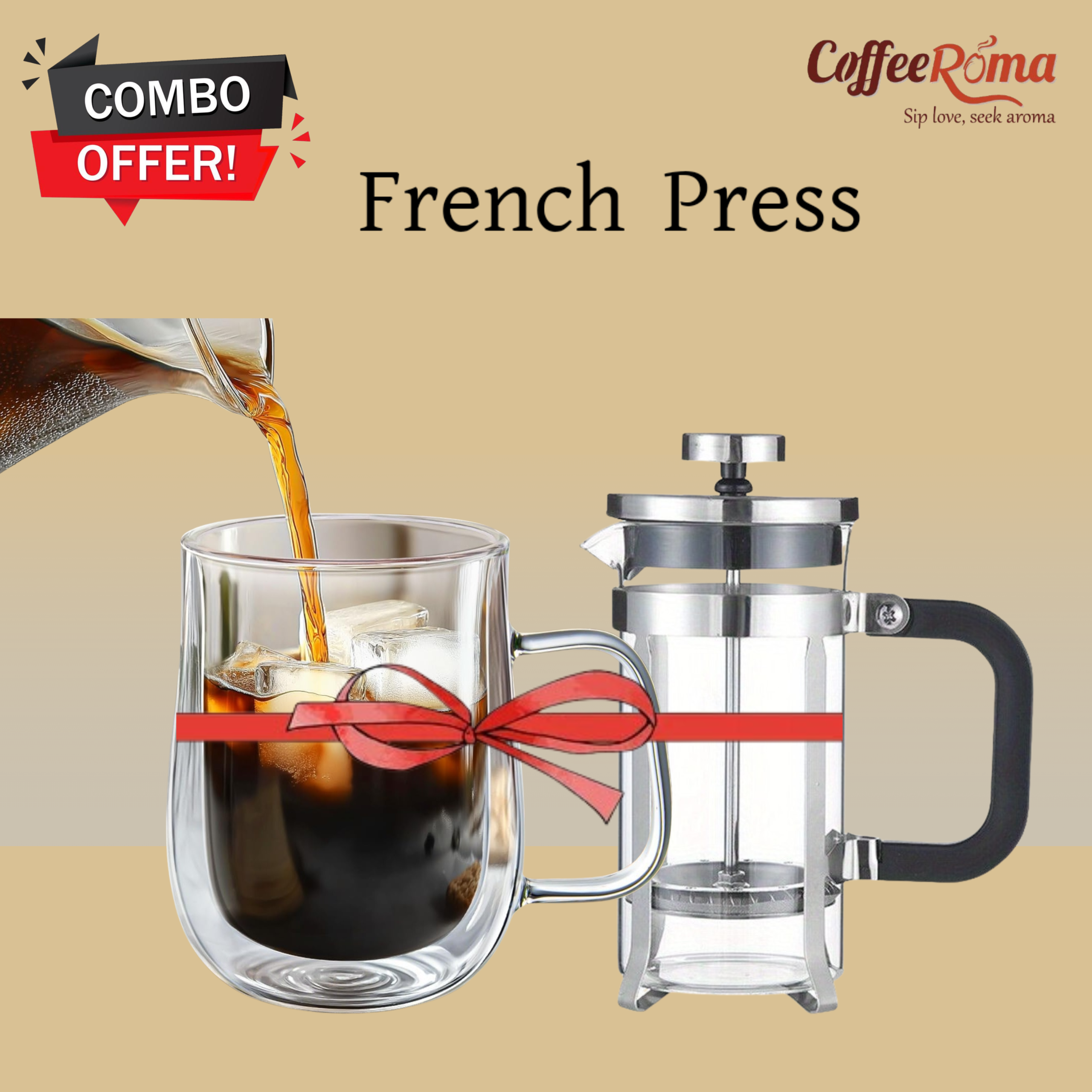 Premium 350ml French Press & 250ml Double-Layer Cup Combo Set (Steel frame)
